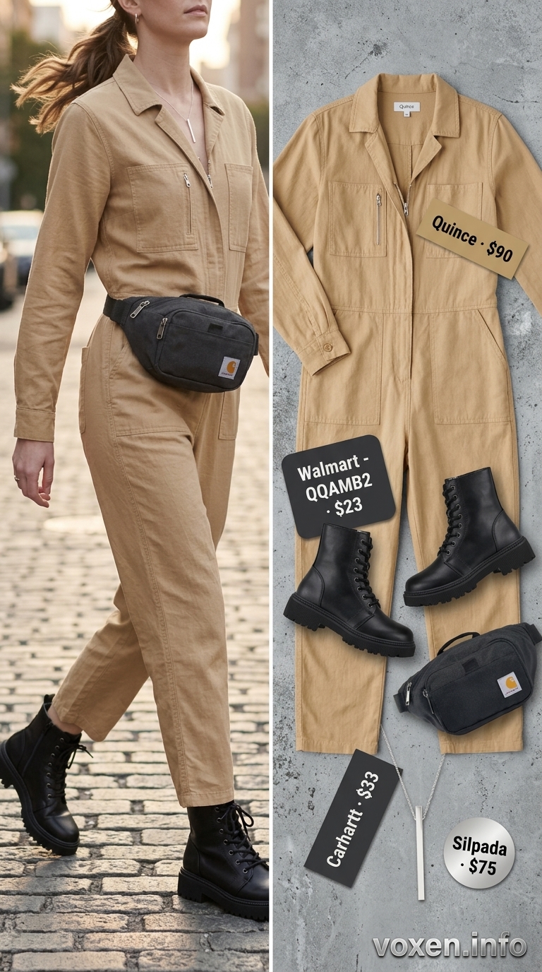 Khaki utility linen jumpsuit for women 2026, styled with combat boots and a belt bag for casual errands.