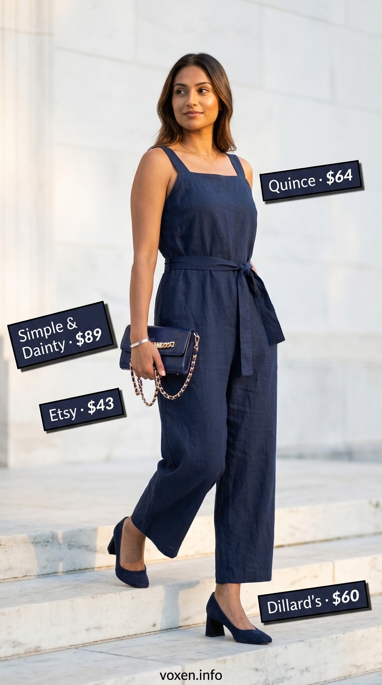 Navy linen jumpsuit for women 2026, styled for evening out with block heels and clutch.