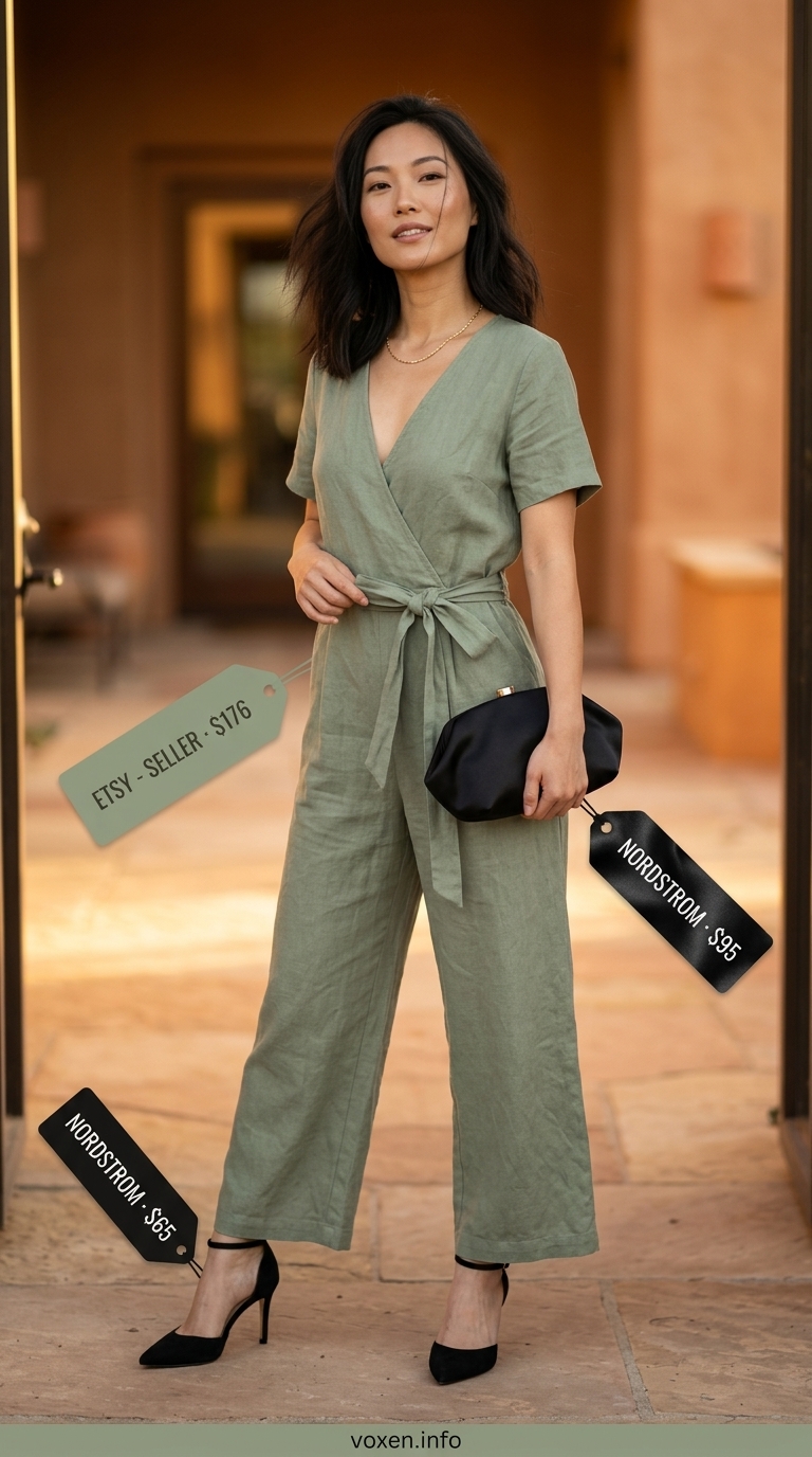 Elegant olive green linen jumpsuit for women 2026, perfect for date night with black heels and gold earrings.