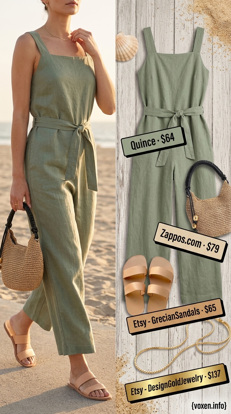 Sage green linen jumpsuit for women 2026, perfect for beach vacations with slide sandals and straw bag.