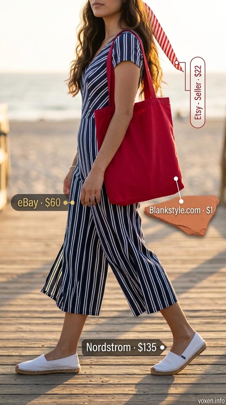 Navy and white striped linen jumpsuit for women 2026, perfect for beach days with espadrilles and tote.