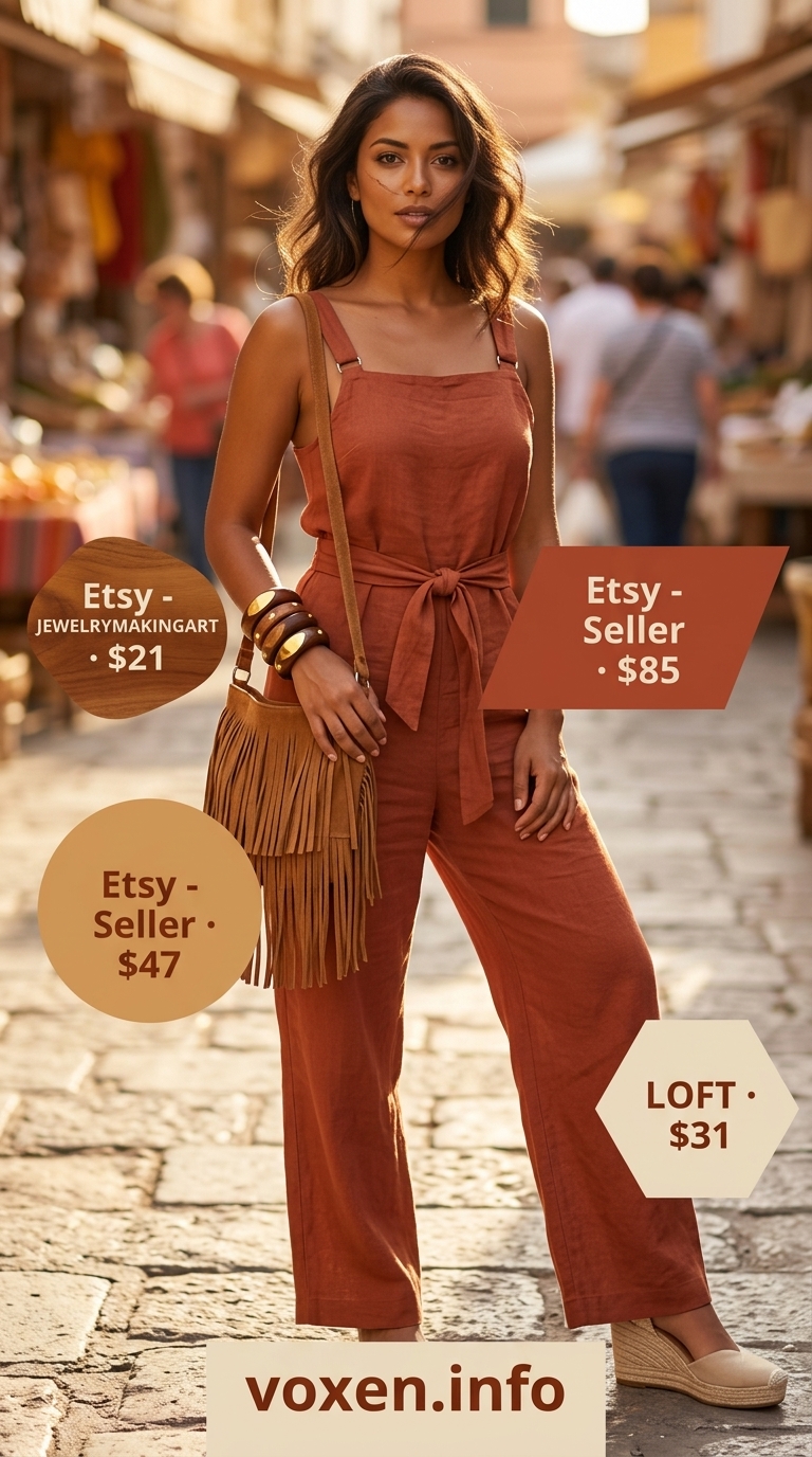 Boho terracotta linen jumpsuit for women 2026, styled with espadrilles and fringe bag for festivals.