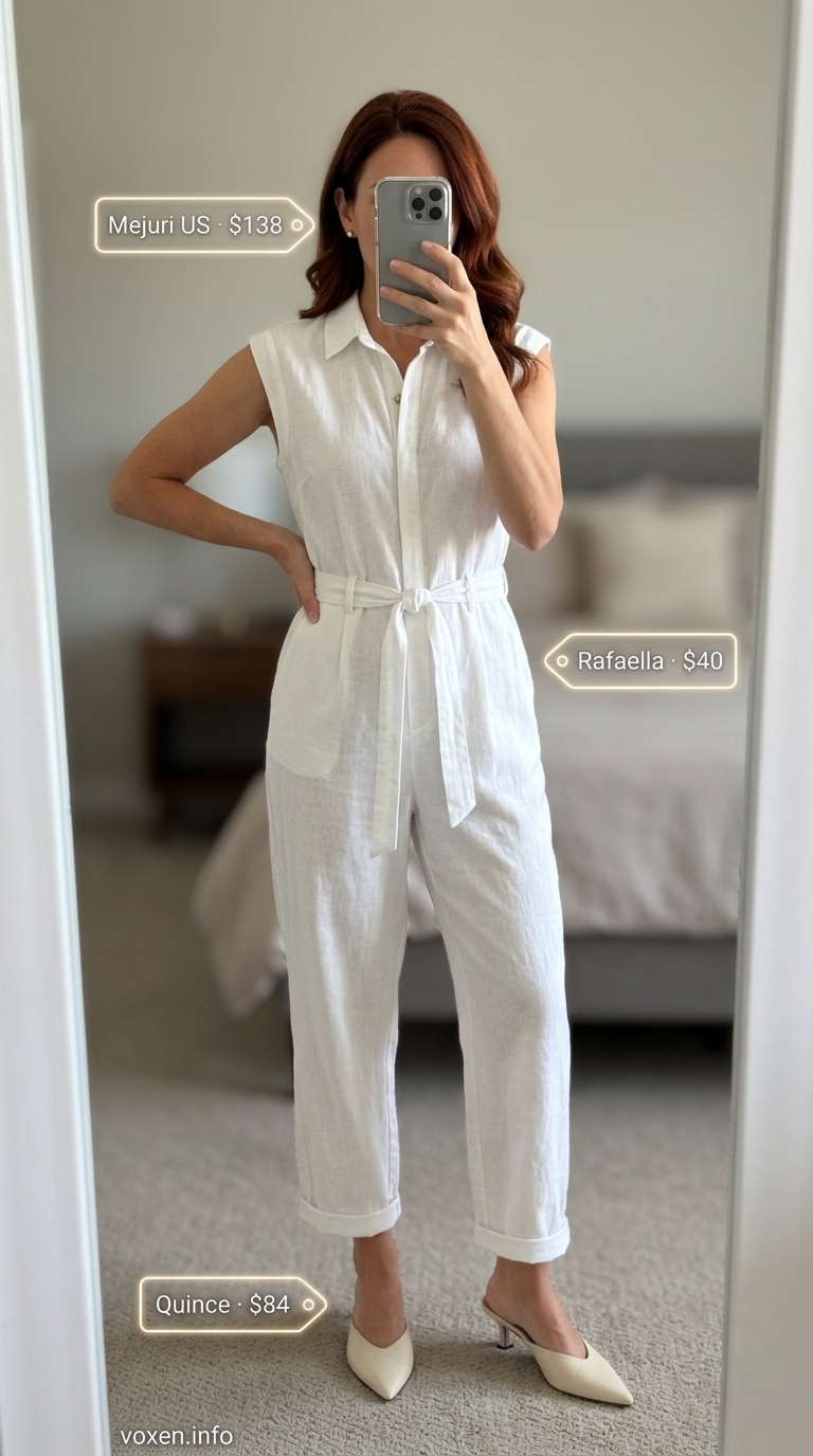 Chic white linen jumpsuit for women 2026, paired with tan mules and a leather bag for business casual.
