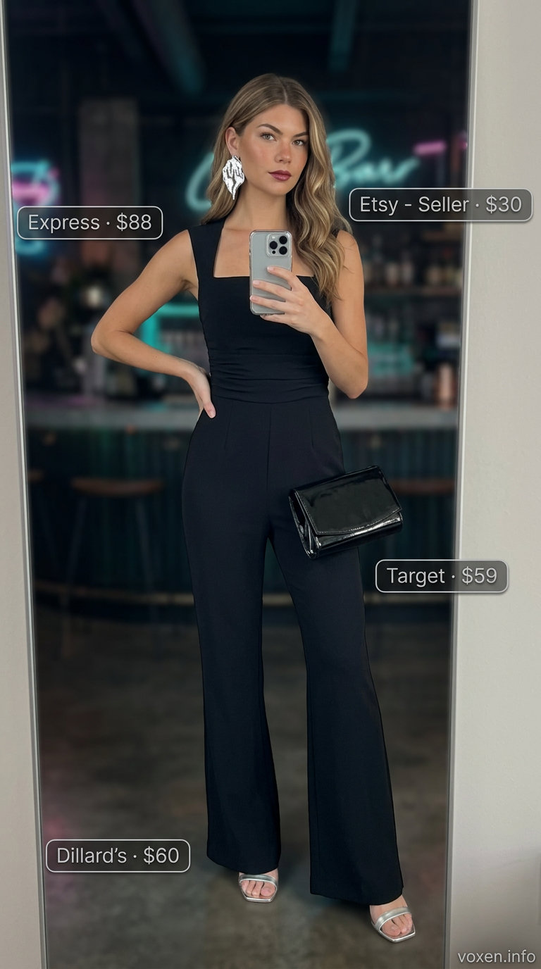 Black wide-leg jumpsuit, silver earrings, and strappy heels for chic summer night out outfits for women 2026.