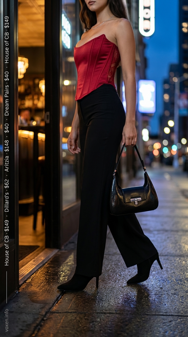 Crimson red corset top, black trousers, and ankle boots for glamorous summer night out outfits for women 2026.