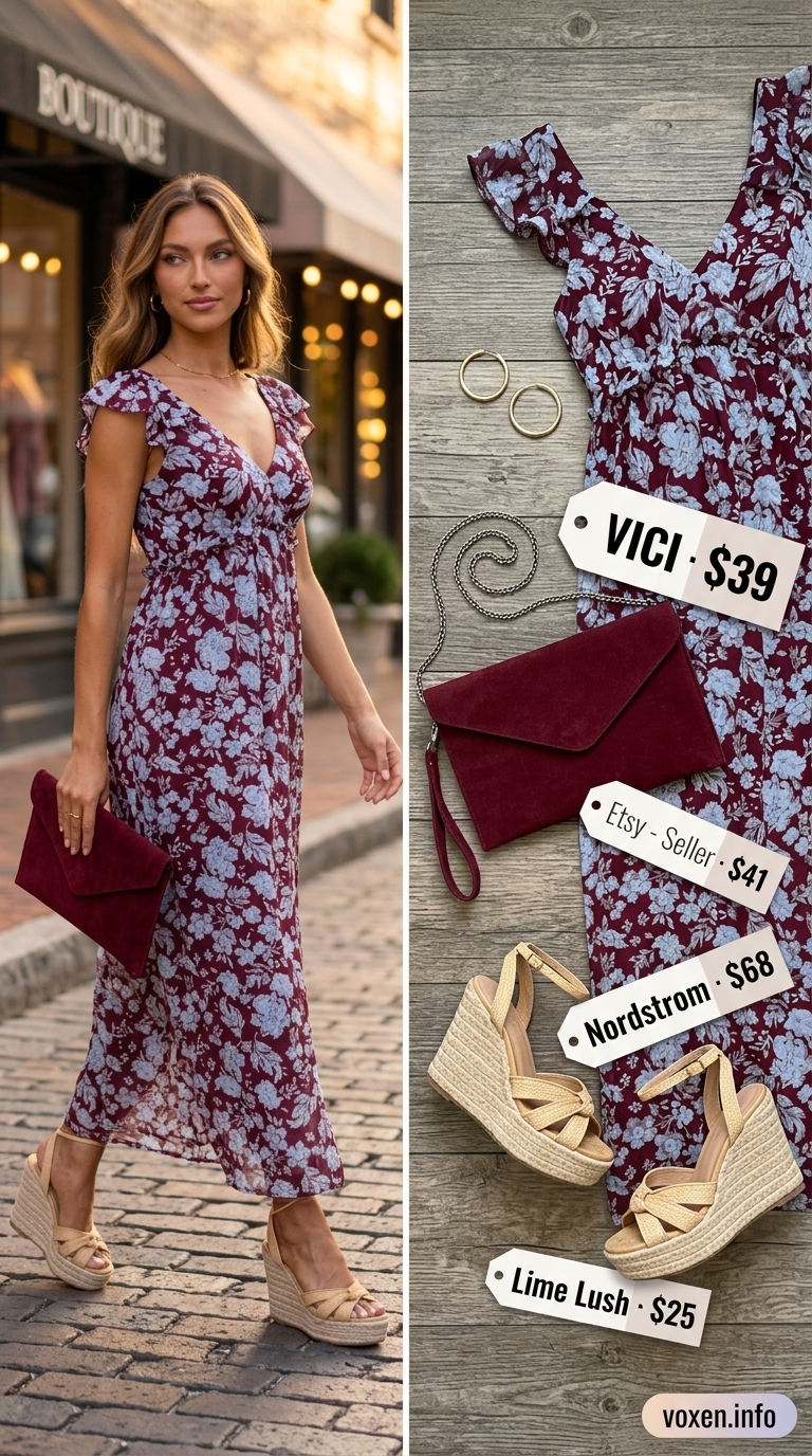 Navy floral maxi dress, espadrille wedges, and clutch for elegant summer night out outfits for women 2026.