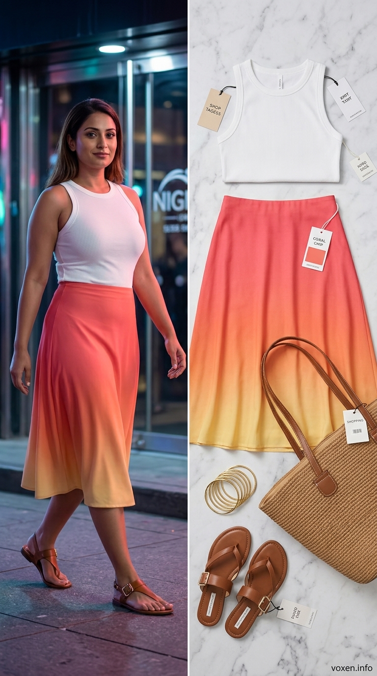 Coral to yellow gradient midi skirt, white tank, and slide sandals for summer night out outfits for women 2026.