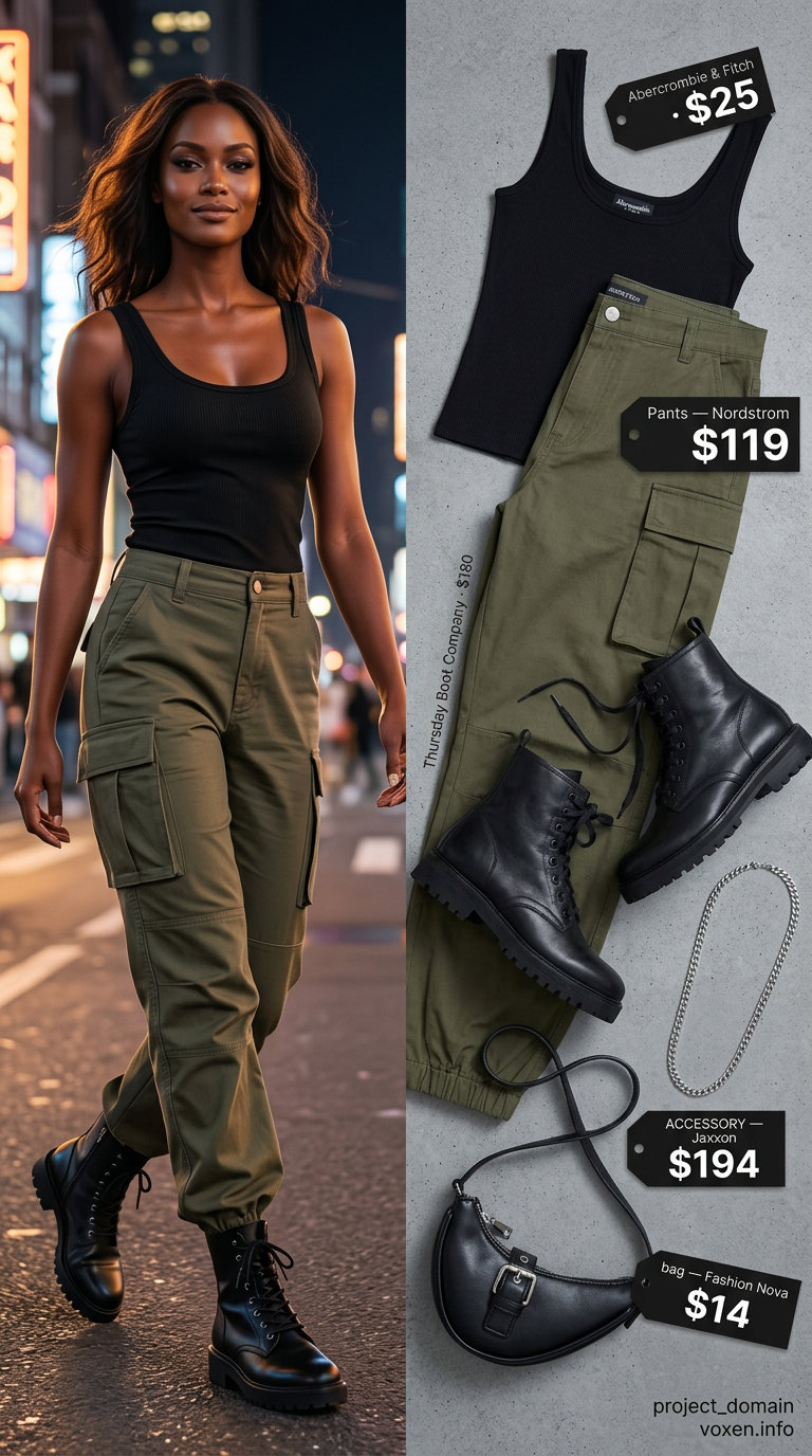 Olive green cargo pants, black ribbed tank, and combat boots for urban summer night out outfits for women 2026.