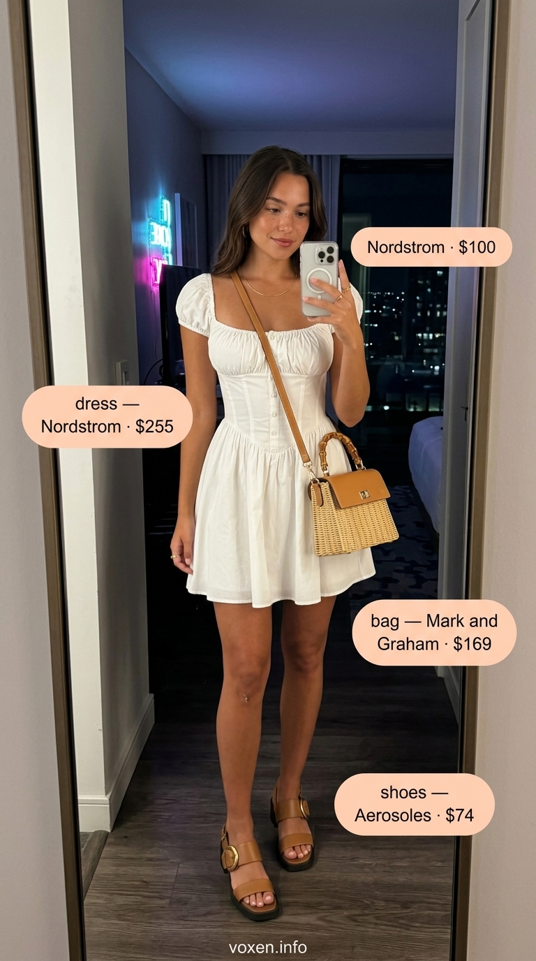 White puff sleeve mini dress, tan block heels, and straw bag for fresh summer night out outfits for women 2026.