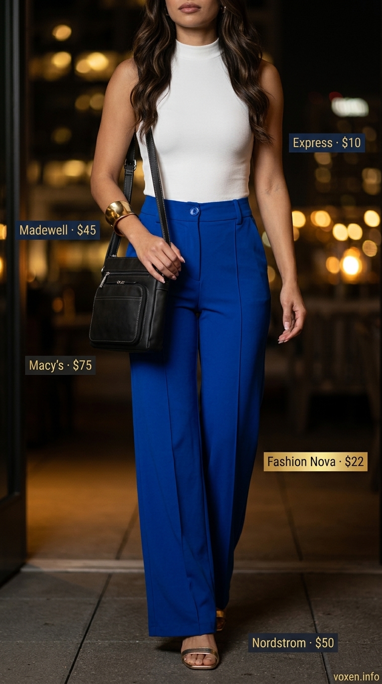 Cobalt blue wide-leg pants, white mock neck top, and gold sandals for summer night out outfits for women 2026.