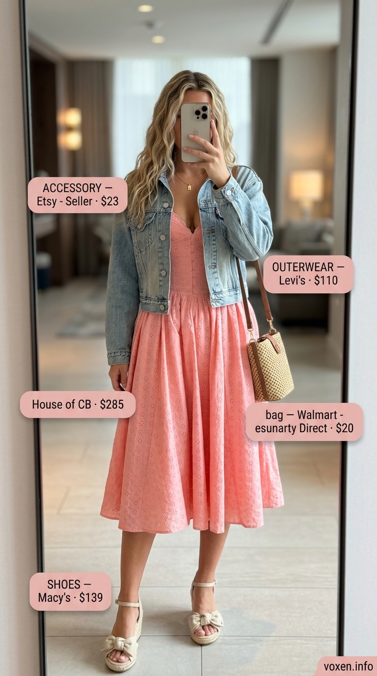 Feminine summer night out outfit 2026: Blush pink eyelet sundress, denim jacket, and straw bag.