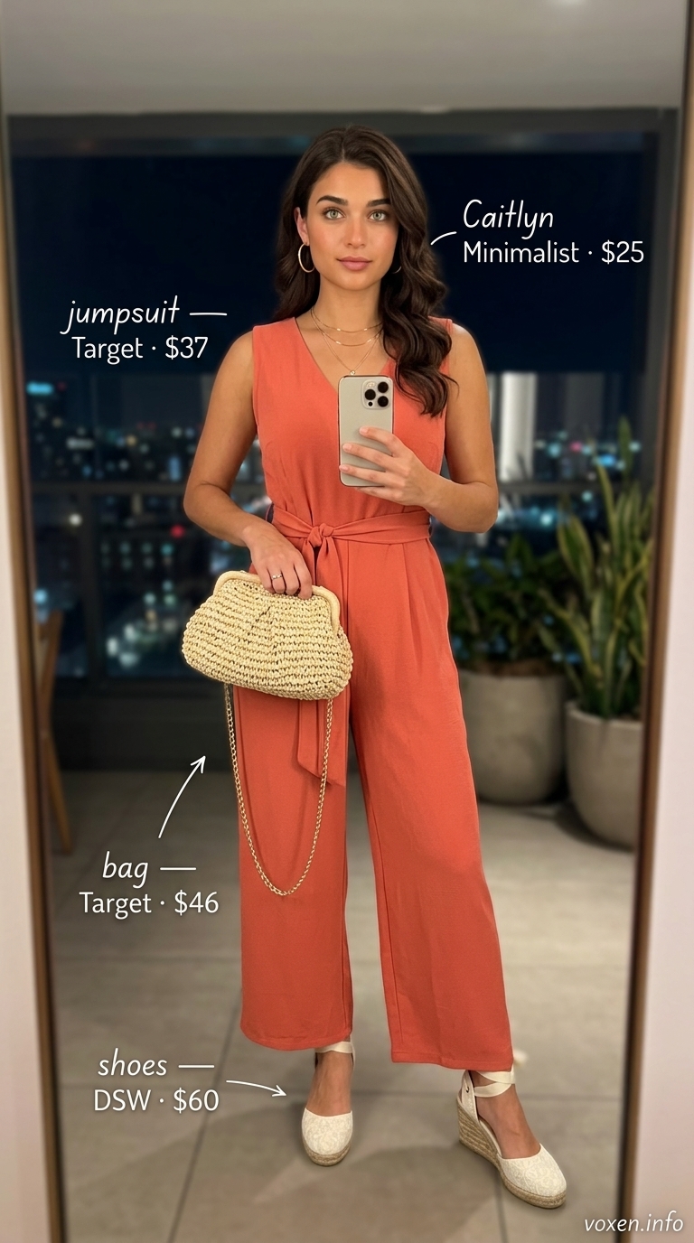 Vibrant summer night out outfit 2026: Coral wide-leg jumpsuit, espadrille wedges, and straw clutch.