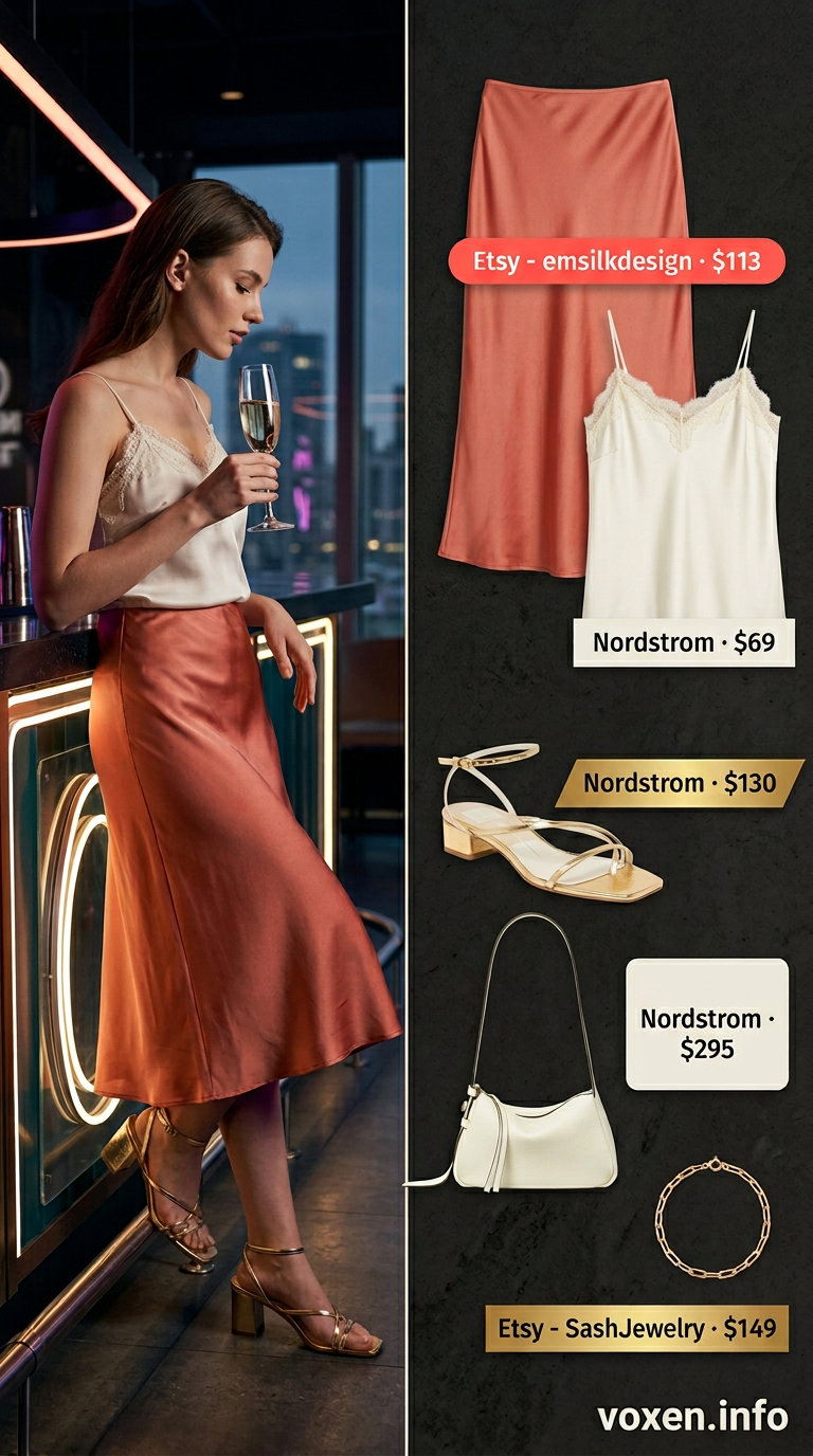Chic summer night out outfit 2026: Coral satin slip skirt, ivory camisole, gold sandals, and structured bag.