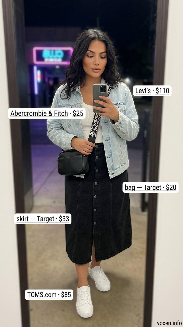 Casual summer night out outfit 2026: Black denim midi skirt, light wash denim jacket, white tank, and sneakers.