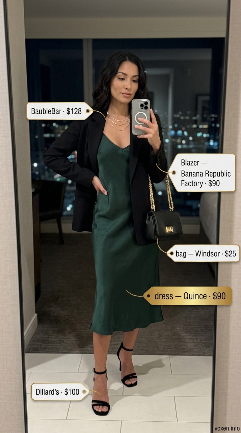 Elegant summer night out outfit 2026: Emerald green slip dress, black blazer, gold jewelry, and black heels.