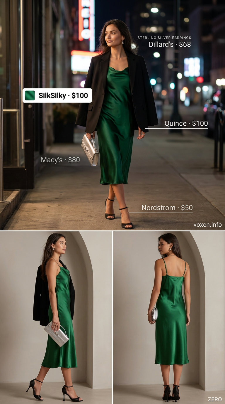 Sophisticated summer night out outfit 2026: Emerald green slip dress, black blazer, silver heels, and clutch.