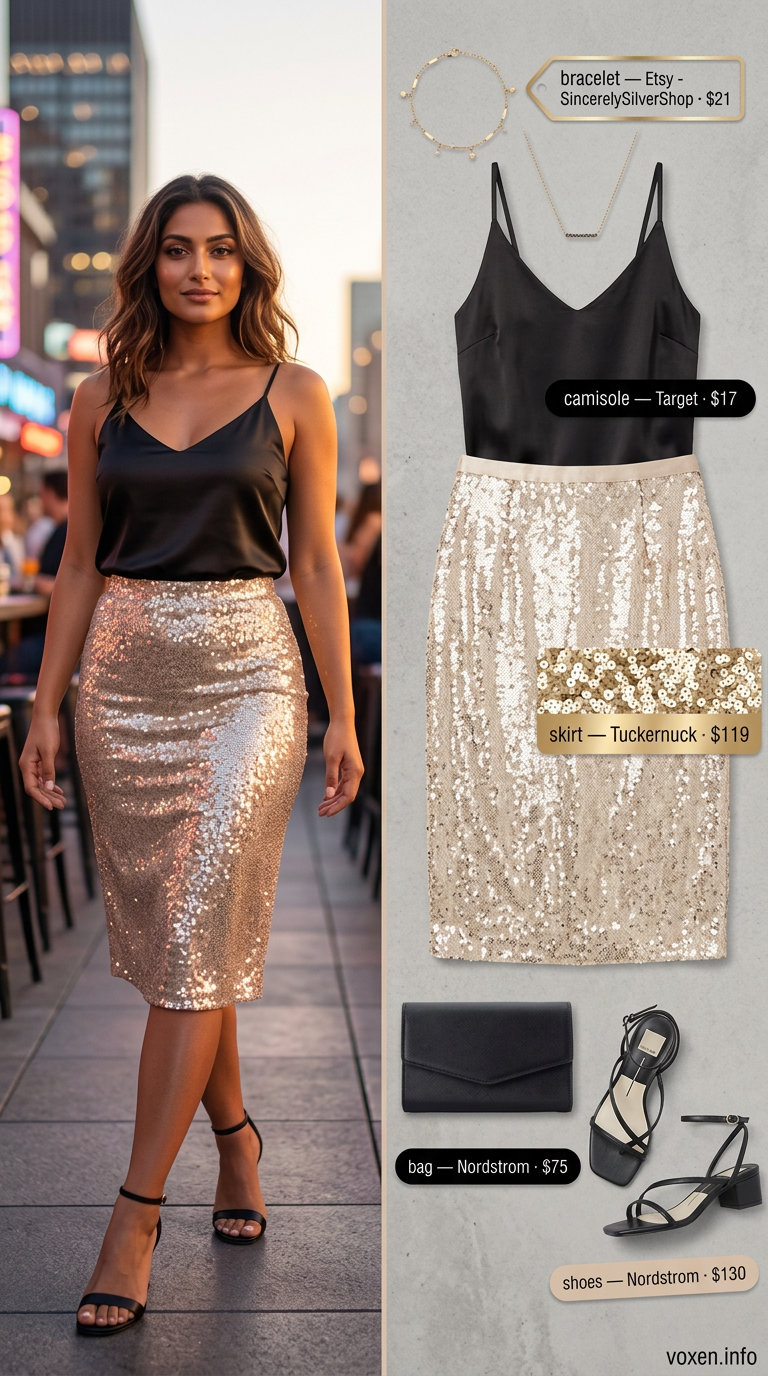 Glamorous summer night out outfit 2026: Gold sequin skirt, black satin camisole, and black strappy heels.