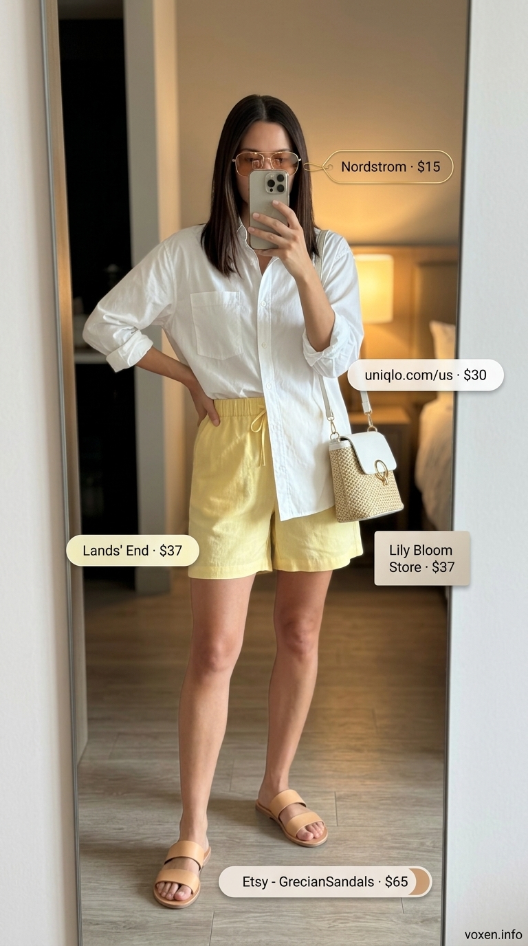 Relaxed summer night out outfit 2026: Lemon yellow linen shorts, oversized white shirt, and tan slides.