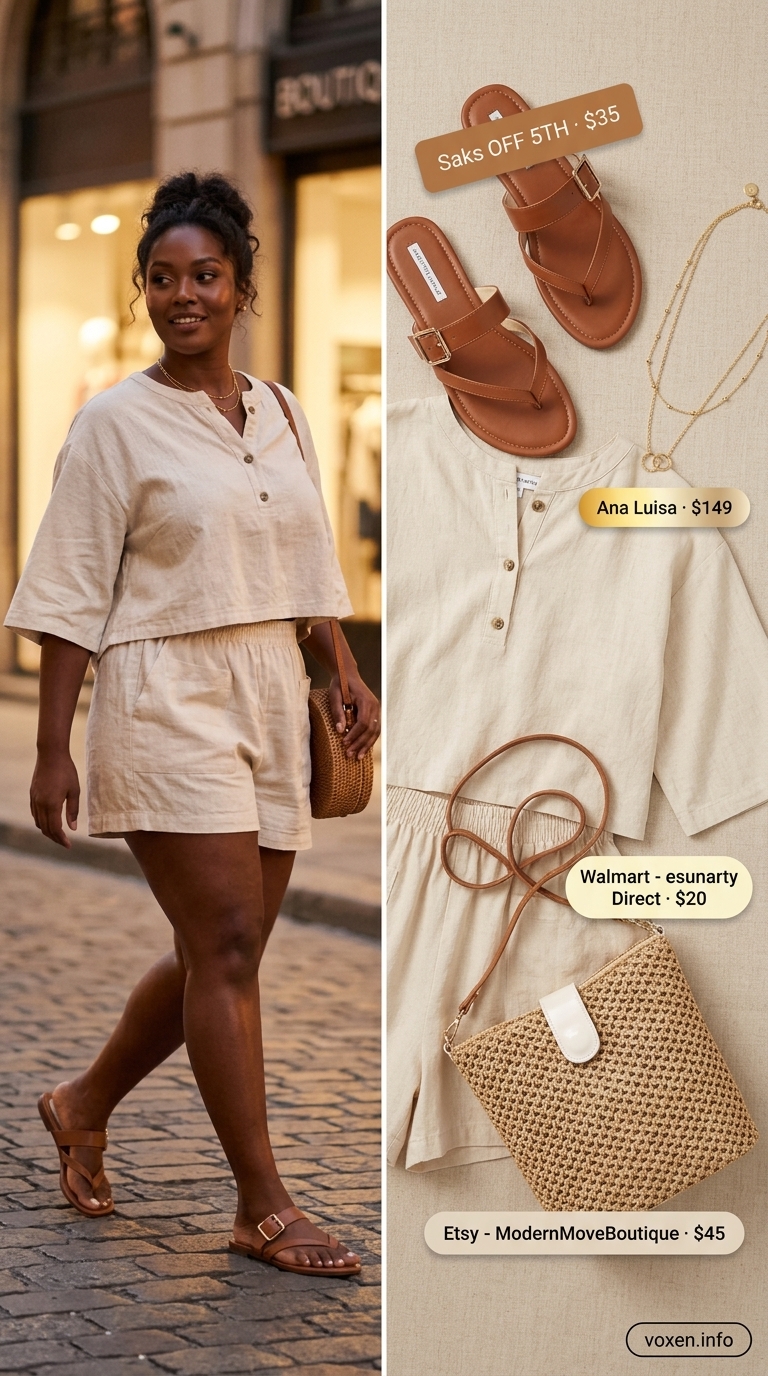 Chic summer night out outfit 2026: Cream linen shorts set, layered gold necklaces, and tan slide sandals.