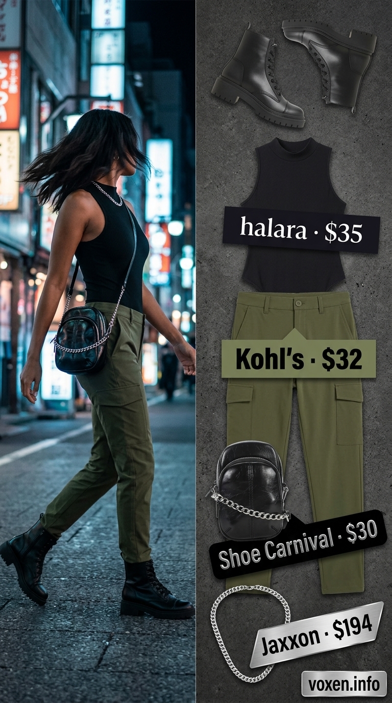 Edgy summer night out outfit 2026: Olive cargo pants, black bodysuit, combat boots, and silver chain.