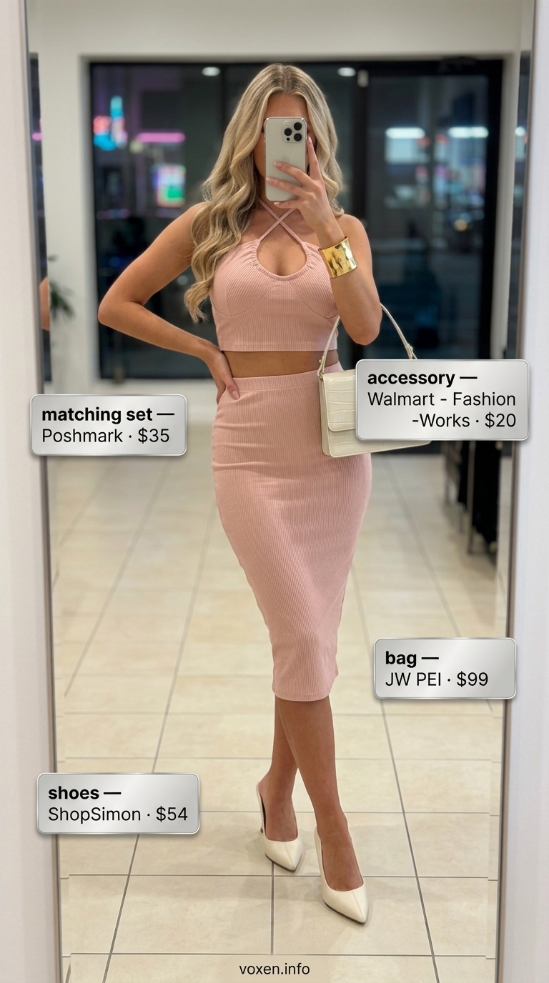 Blush pink ruched midi skirt and halter top set for summer night out outfits for women 2026. Chic and elegant.