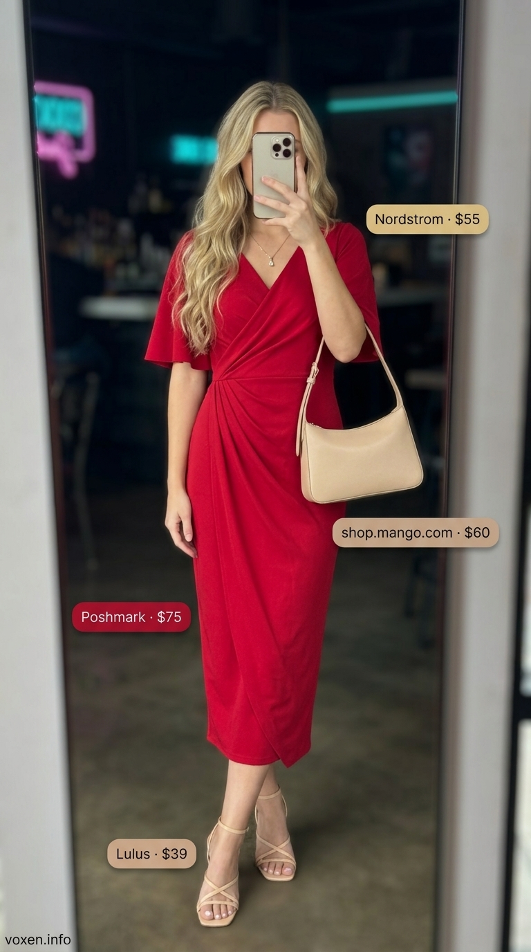 Crimson red wrap dress for summer night out outfits for women 2026. Romantic and confident.