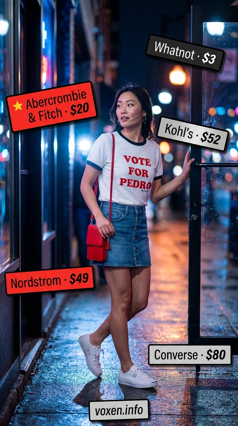 Medium wash denim mini skirt and graphic tee for summer night out outfits for women 2026. Playful and casual.