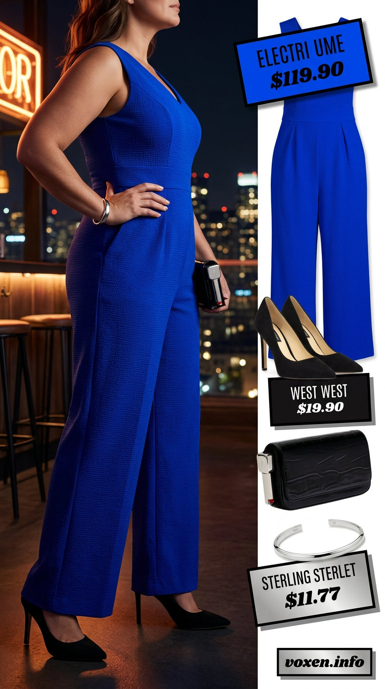 Electric blue wide-leg jumpsuit for summer night out outfits for women 2026. Bold and glamorous.