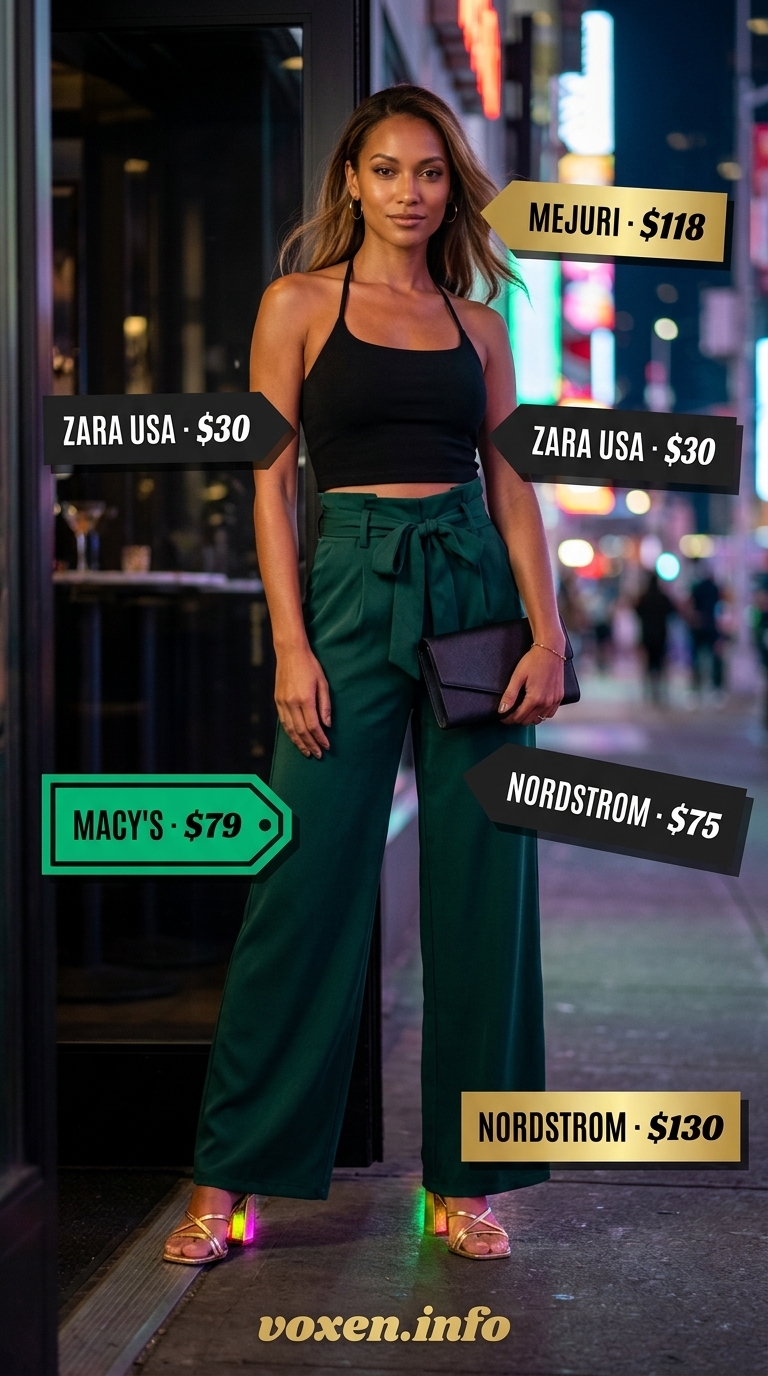 Emerald green wide-leg trousers and halter top for summer night out outfits for women 2026. Sophisticated and elegant.