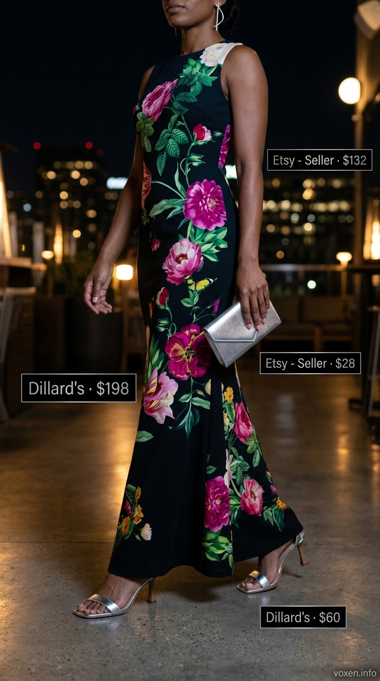 Black floral maxi dress for summer night out outfits for women 2026. Sophisticated and bold.