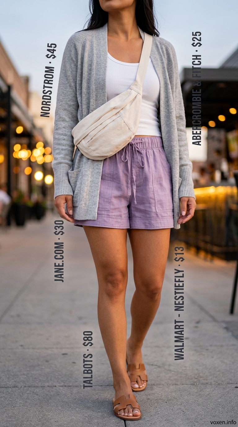 Lavender linen shorts and white tank for summer night out outfits for women 2026. Relaxed and feminine.