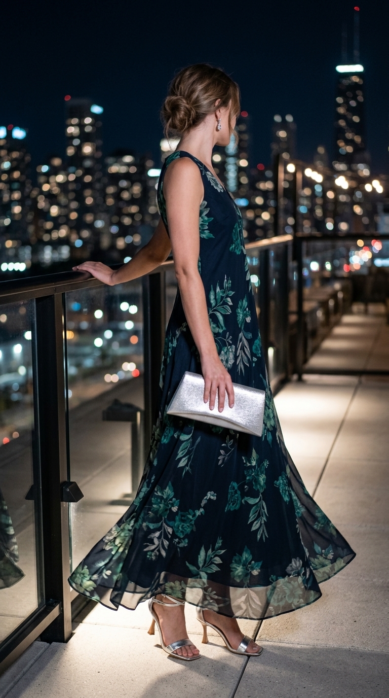 Navy floral maxi dress for summer night out outfits for women 2026. Romantic and elegant.