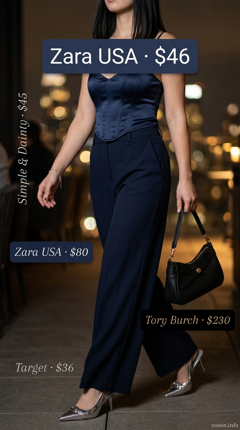 Navy wide-leg trousers and black corset top for summer night out outfits for women 2026. Confident and chic.