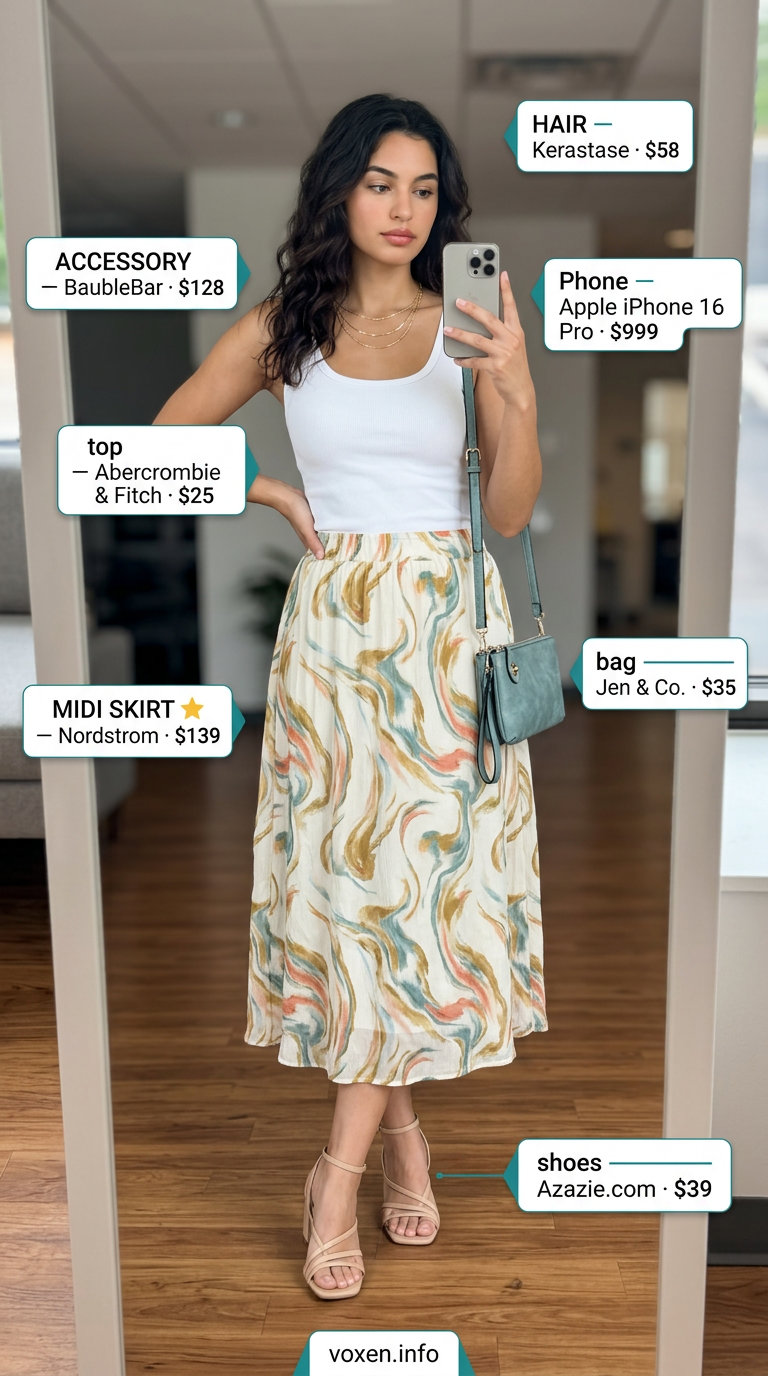 Light beige midi skirt for summer office outfits for women 2026. Elegant, fresh look with white top and teal bag.