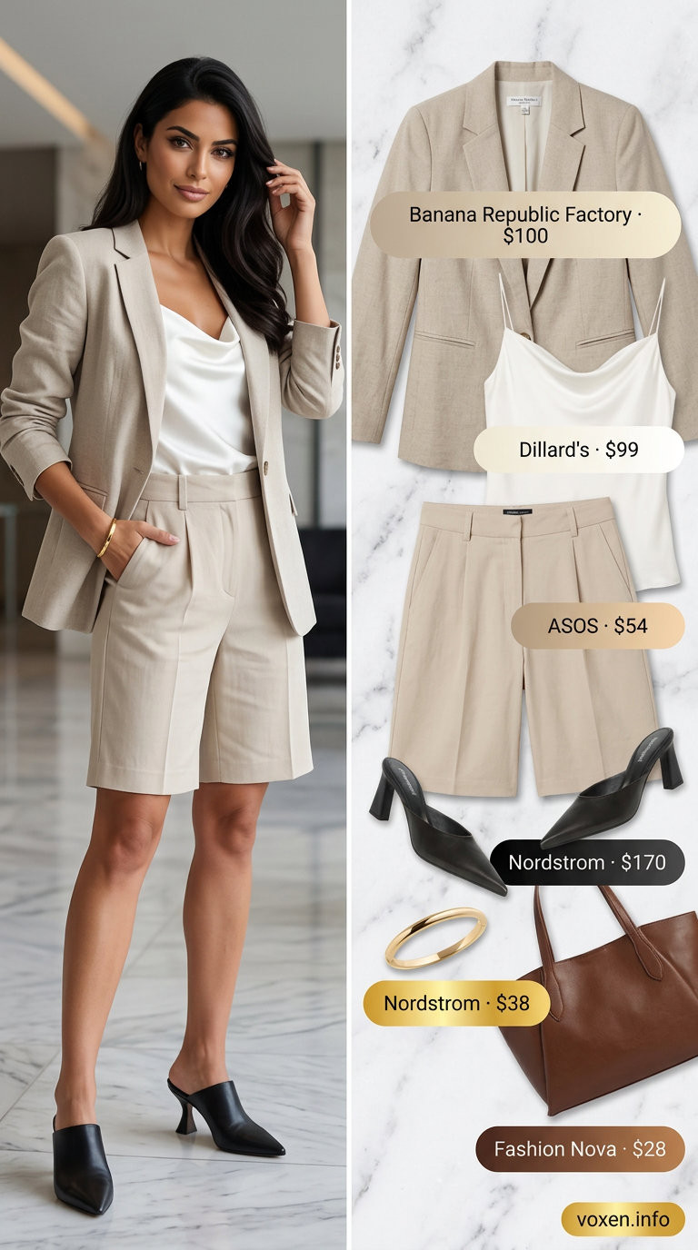 Stone beige shorts suit for summer office outfits for women 2026. Confident, sharp look with ivory camisole and black mules.
