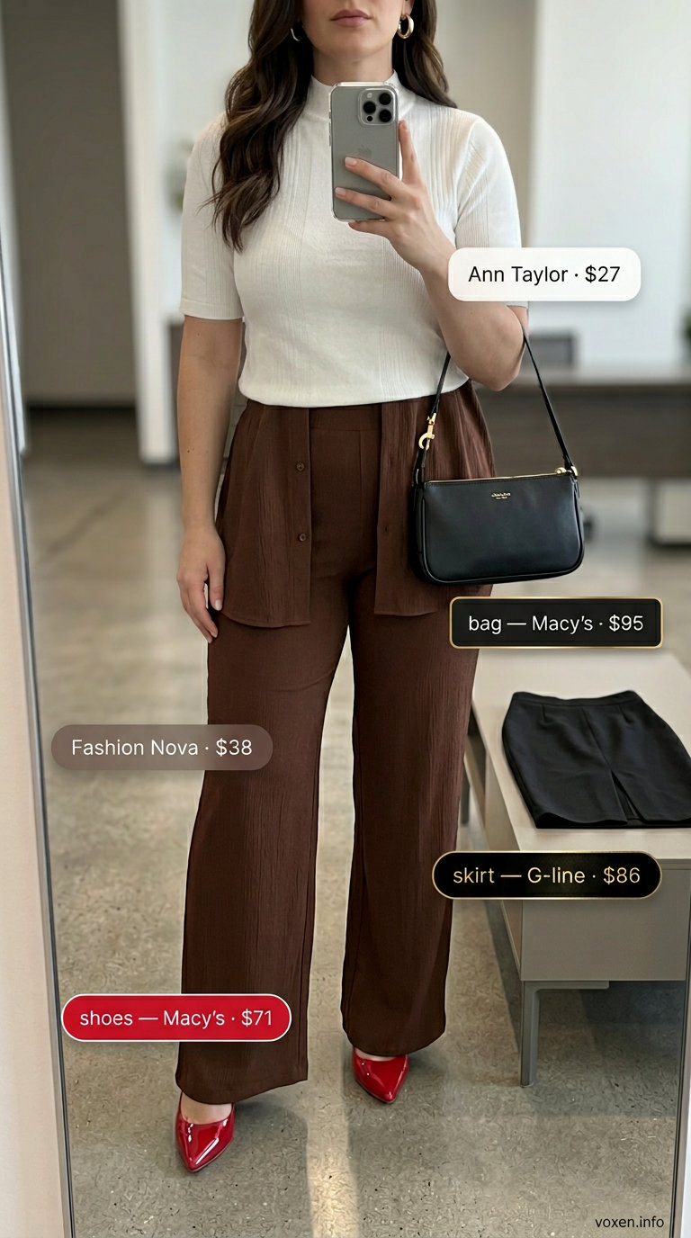 Black pencil skirt for summer office outfits for women 2026. Sophisticated look with white top and red heels.