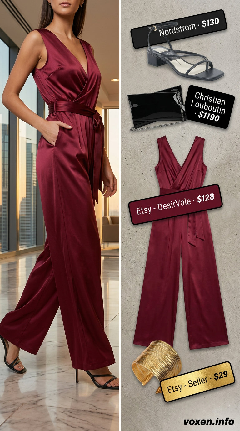 Burgundy jumpsuit for summer office outfits for women 2026. Powerful, sophisticated look with black heels and gold cuff.