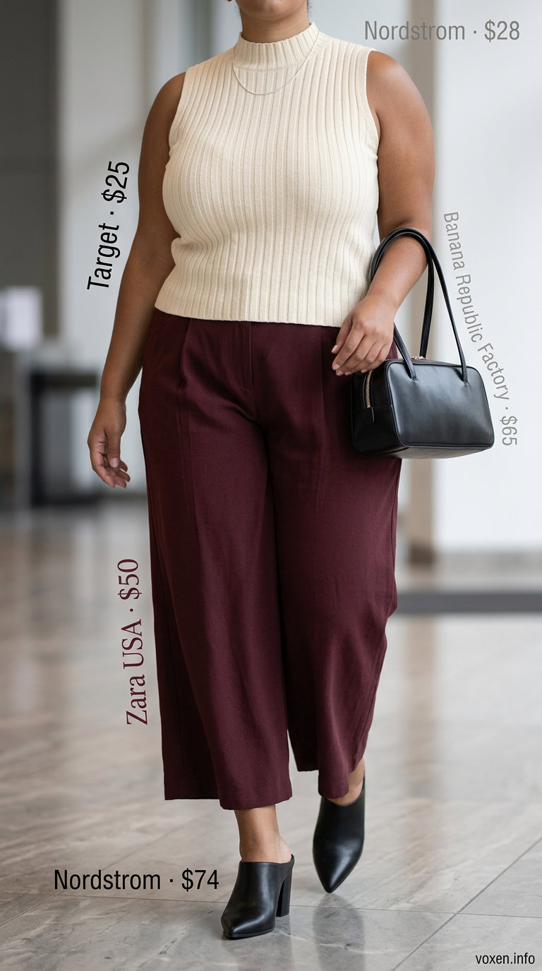 Burgundy culottes and cream knit top for summer office outfits for women 2026. Business casual style.
