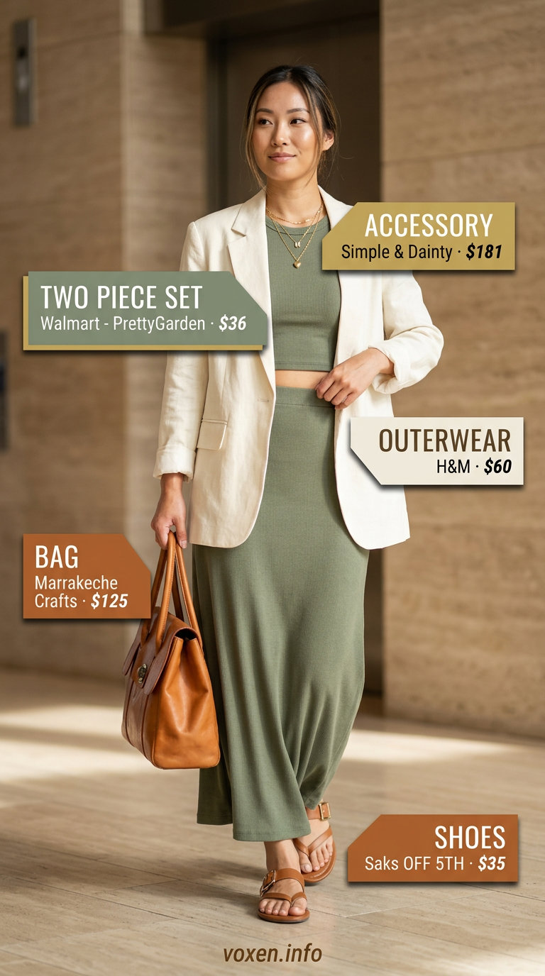Sage green knit set with cream blazer for summer office outfits for women 2026. Chic and modern.