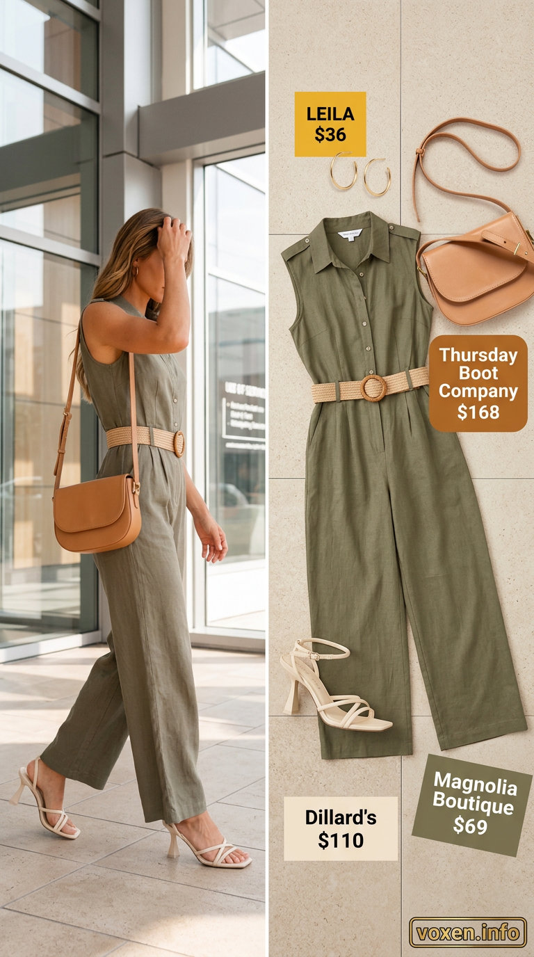 Summer office outfits for women 2026: Olive green linen jumpsuit with cream sandals and tan crossbody bag.