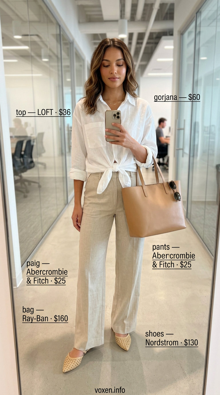 White linen shirt and beige trousers for summer office outfits for women 2026. Relaxed, chic look with tan tote.