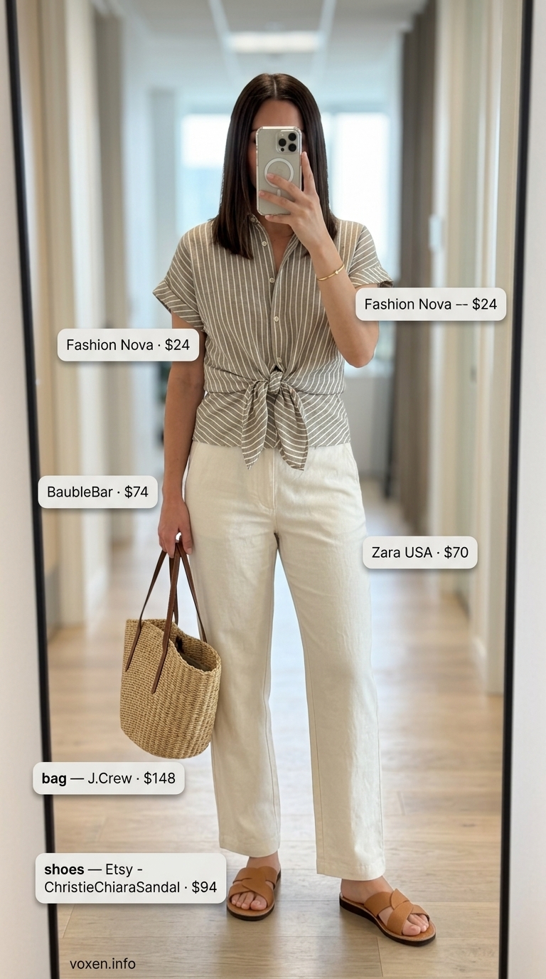 Light blue linen shirt and chinos for summer office outfits for women 2026. Casual Friday look.