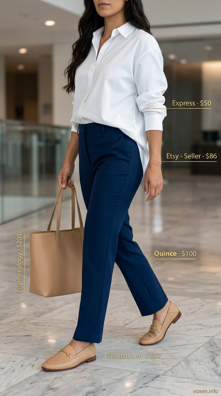 Summer office outfits for women 2026: Navy trousers, white shirt, beige loafers, and tan tote for a polished look.