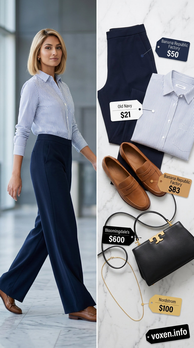 Navy wide-leg pants for summer office outfits for women 2026. Professional, polished look with white shirt and loafers.