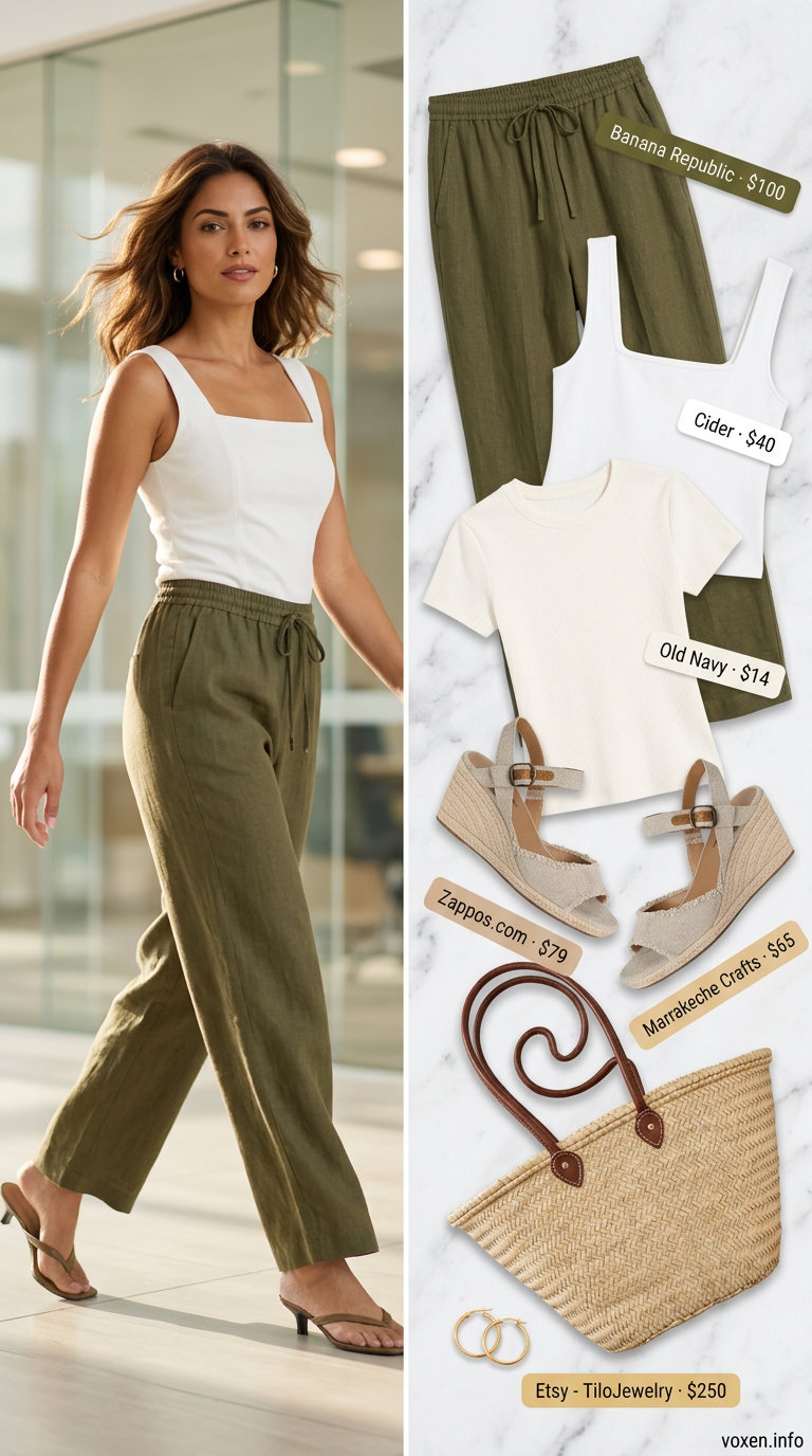 Olive green linen trousers for summer office outfits for women 2026. Relaxed, chic look with white top and espadrilles.