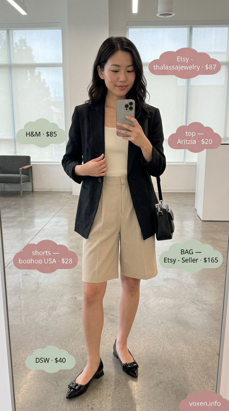 Olive green shorts suit for summer office outfits for women 2026. Chic, modern, polished look with cream top and black blazer.