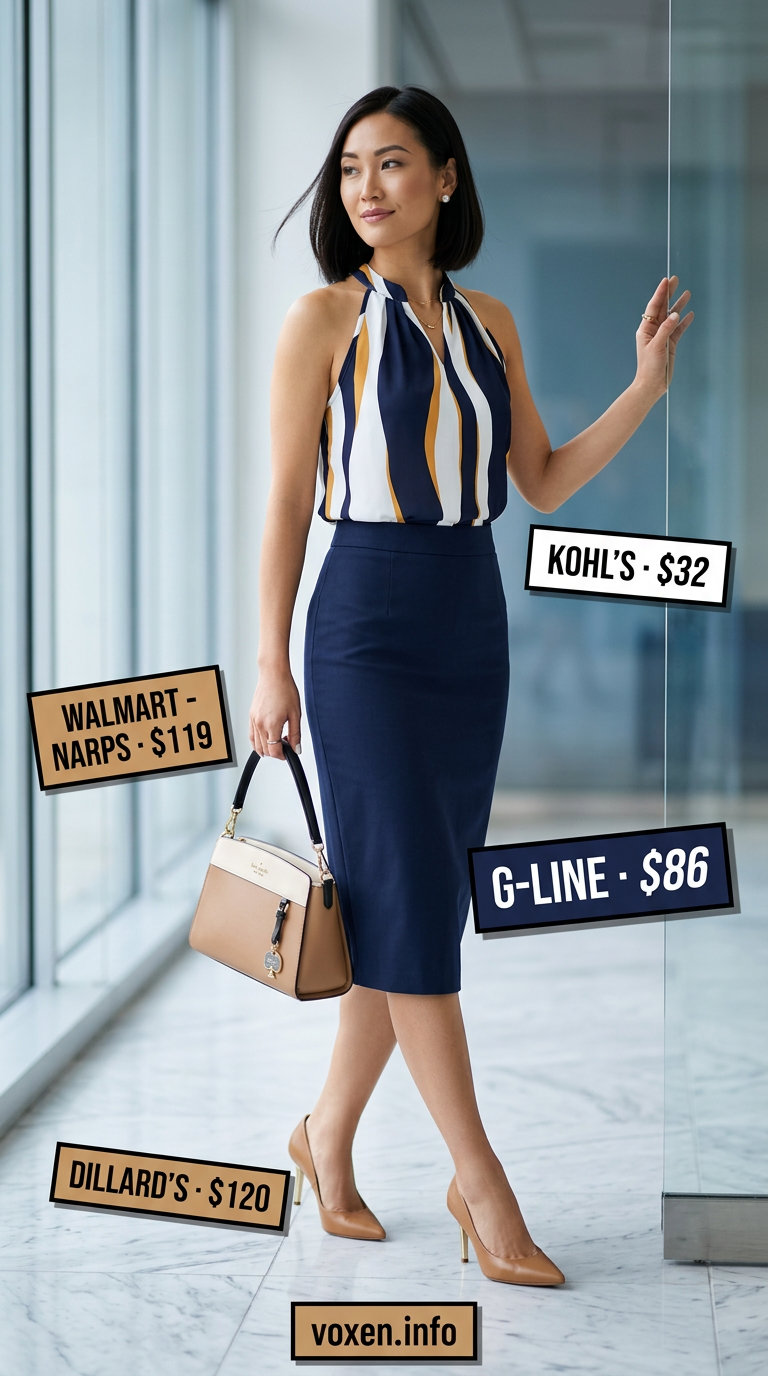 Summer office outfits for women 2026: Navy pencil skirt, white shell top, nude pumps, and tan satchel.