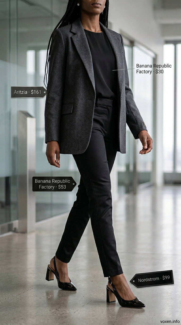Charcoal grey blazer and black trousers for summer office outfits for women 2026. Boardroom ready.