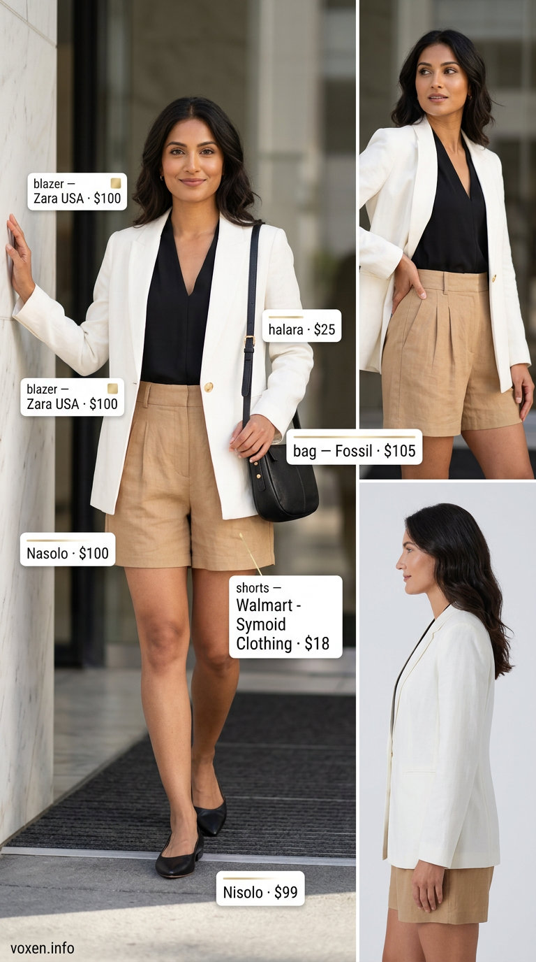 Camel linen shorts suit with black blouse for summer office outfits for women 2026. Business casual.