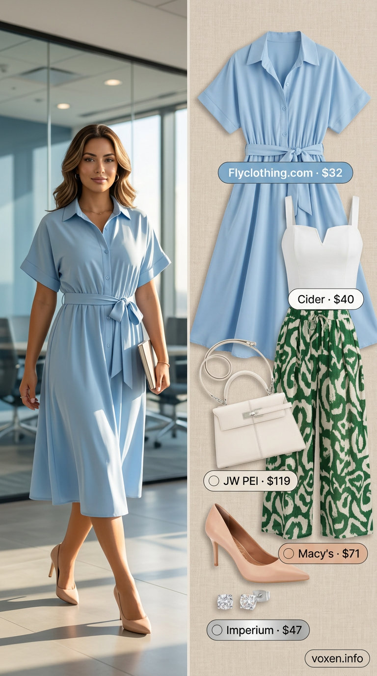 Sky blue shirt dress for summer office outfits for women 2026. Elegant, serene look with nude pumps and white tote.